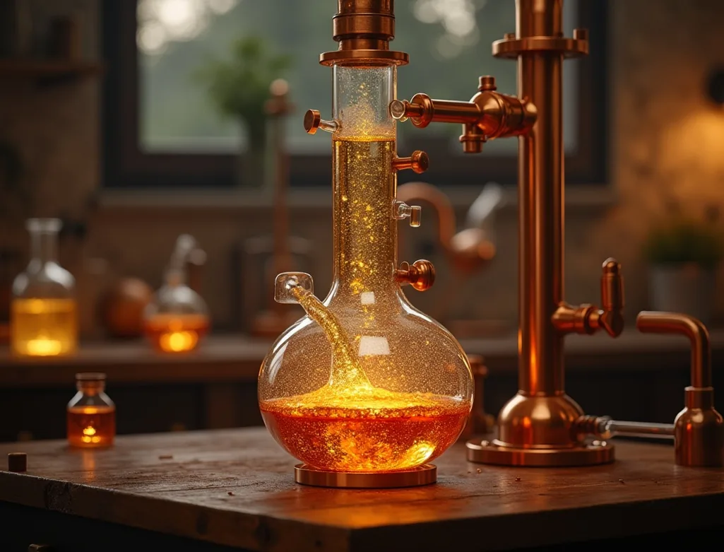 Bubbling glass alembic with golden liquid on copper distillation apparatus