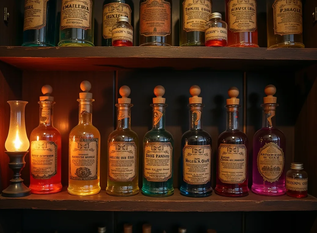 Antique potion bottles with handwritten labels and colorful liquids