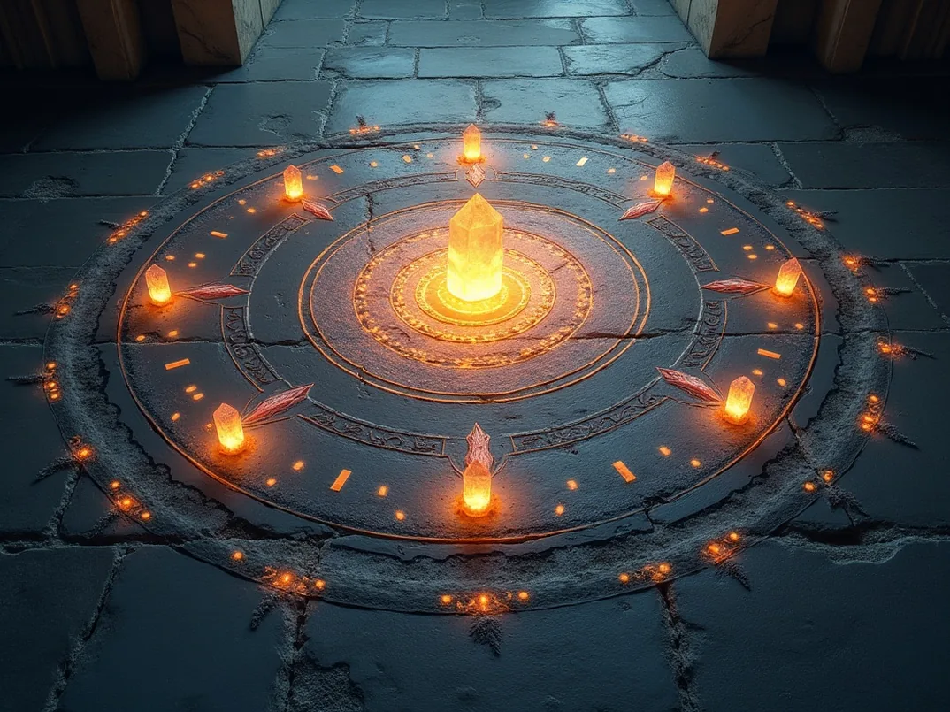 Alchemy transmutation circle with glowing crystals on stone floor