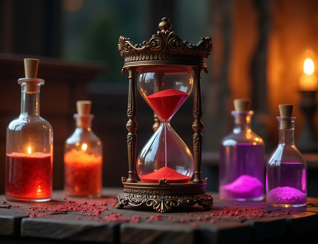 Ornate hourglass with glowing potion bottles